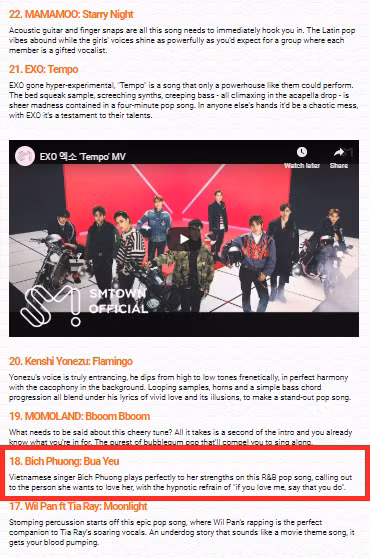 Bích Phương là một trong hai nghệ sĩ của Việt Nam và là nữ ca sĩ solo hiếm hoi của Châu Á lọt bảng xếp hạng này.