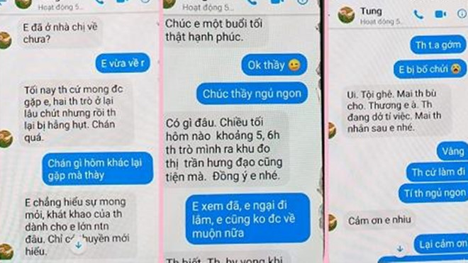Một số tin nhắn được cho là của thầy giáo Trường THPT Chuyên Thái Bình với nội dung "gạ tình" học sinh. ẢNH: CHỤP MÀN HÌNH. Một số tin nhắn được cho là của thầy giáo Trường THPT Chuyên Thái Bình với nội dung "gạ tình" học sinh. ẢNH: CHỤP MÀN HÌNH.