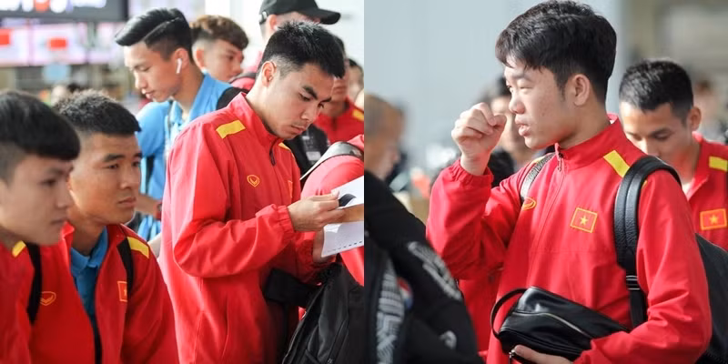 Các cầu thủ tuyển Việt Nam có mặt từ sớm tại sân bay Nội Bài để làm thủ tục chuẩn bị sang Qatar.
