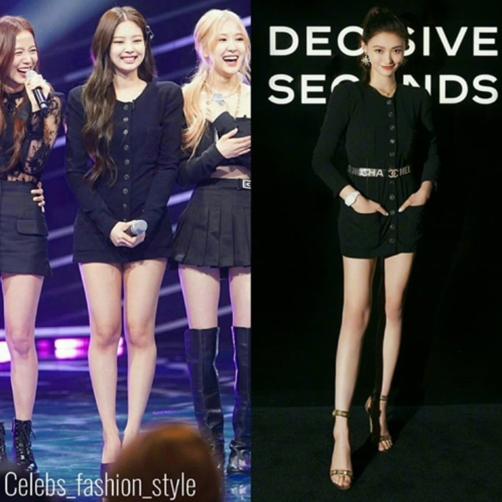 Lâm Duẫn (phải) có phần thần thái hơn Jennie khi đụng hàng. Nữ diễn viên tạo khác biệt với thắt lưng hàng hiệu và cách tạo dáng khoe chân.