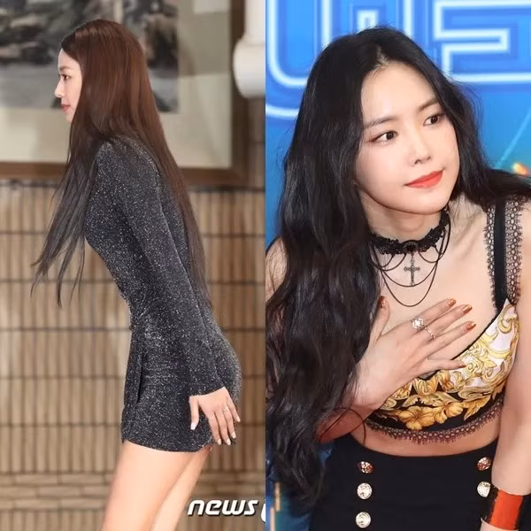 Seolhyun (AOA, trái) và Naeun (Apink) chung cảnh phải cẩn thận che chắn vì bị stylist cho mặc đồ vừa ngắn vừa bó.