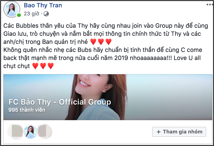 Trước đó, Bảo Thy cũng đã kêu gọi người hâm mộ tham gia group FC mới do mình quản lý để tránh những ồn ào không đáng có như thời gian qua.