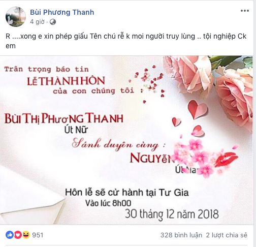 Mặc dù, tên chú rể đã được khéo léo che đi nhưng điều quan trọng nhất là thông tin về thời gian, địa điểm cử hành hôn lễ lại khá cụ thể vào lúc 8h ngày 30/12 tại tư gia.