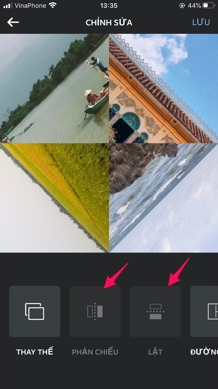 Trong trường hợp bức ảnh được ghép không theo đúng vị trí mà bạn mong muốn, hãy ấn vào tùy chọn “Phản chiếu” và “Lật” ảnh.