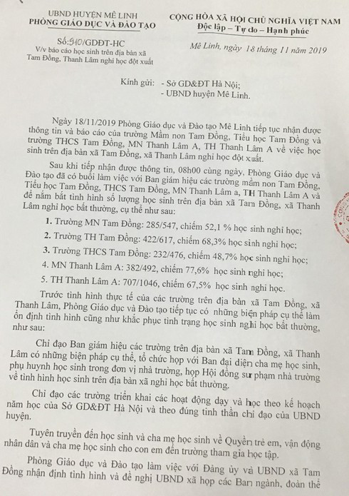 Hàng nghìn học sinh tại huyện Mê Linh nghỉ học đột xuất.