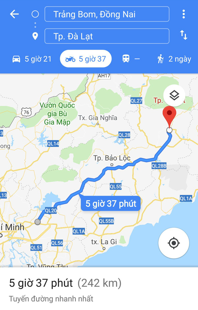 Quãng đường từ Trảng Bom, Đồng Nai đến Đà Lạt, Lâm Đồng. (Ảnh chụp màn hình)