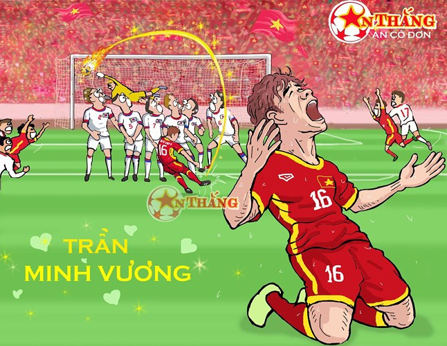 Siêu phẩm đá phạt của Minh Vương làm nức lòng hàng triệu người hâm mộ Việt Nam. Ảnh: Họa sĩ An Thắng.