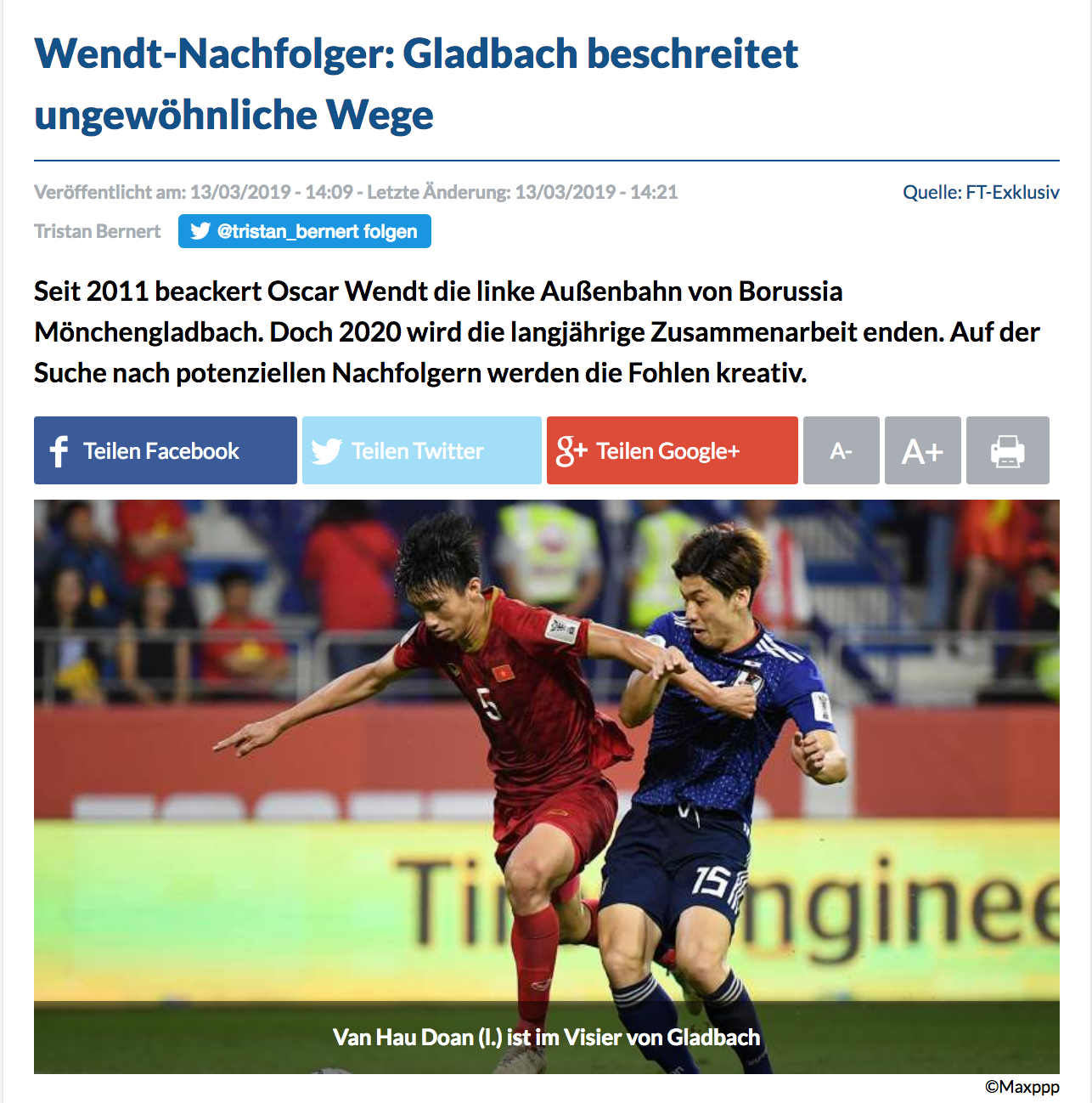 Thông tin về việc CLB Monchengladbach muốn chiêu mộ Văn Hậu xuất hiện trên trang Fussball Transfer.