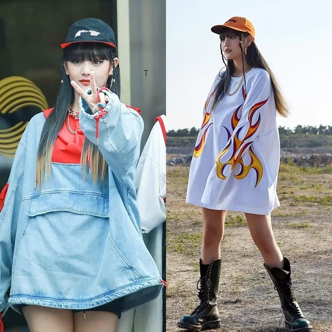 Thành viên người Thái Lan của (G)I-DLE có phong cách thời trang cá tính và trẻ trung. Item yêu thích của cô nàng là những chiếc áo tay dài oversized họa tiết nổi bật, kết hợp với boots cao cổ và mũ snapback. 