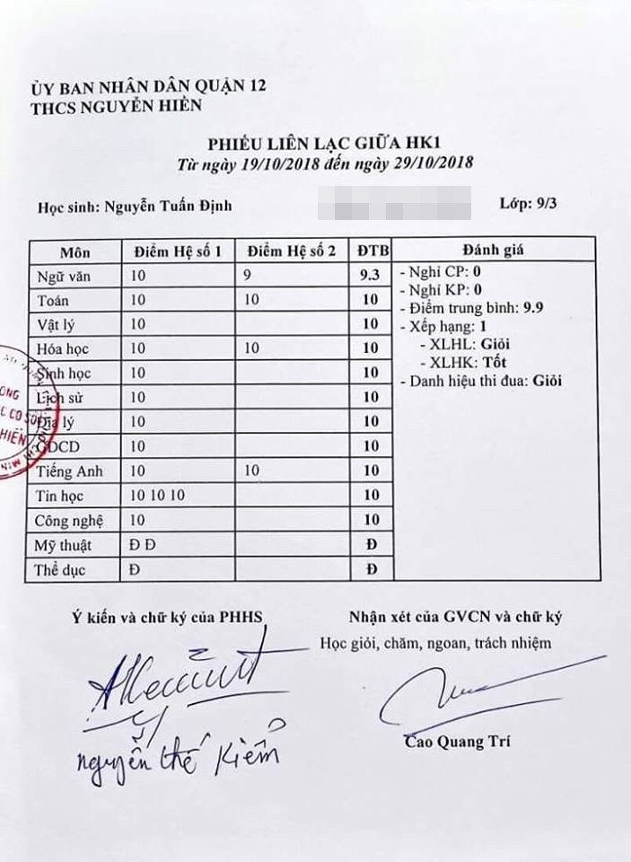 Phiếu liên lạc chi chít điểm 10 khiến dân mạng ngưỡng mộ.