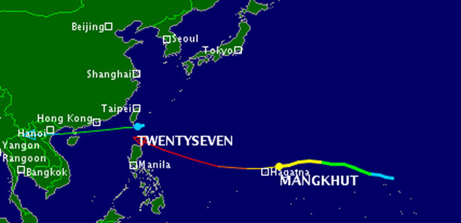 Vị trí áp thấp nhiệt đới gần đảo Đài Loan và bão Mangkhut sáng 10/9. Bão Mangkhut có thể đạt cấp siêu bão khi tới gần Philippines. (Ảnh: TSR)