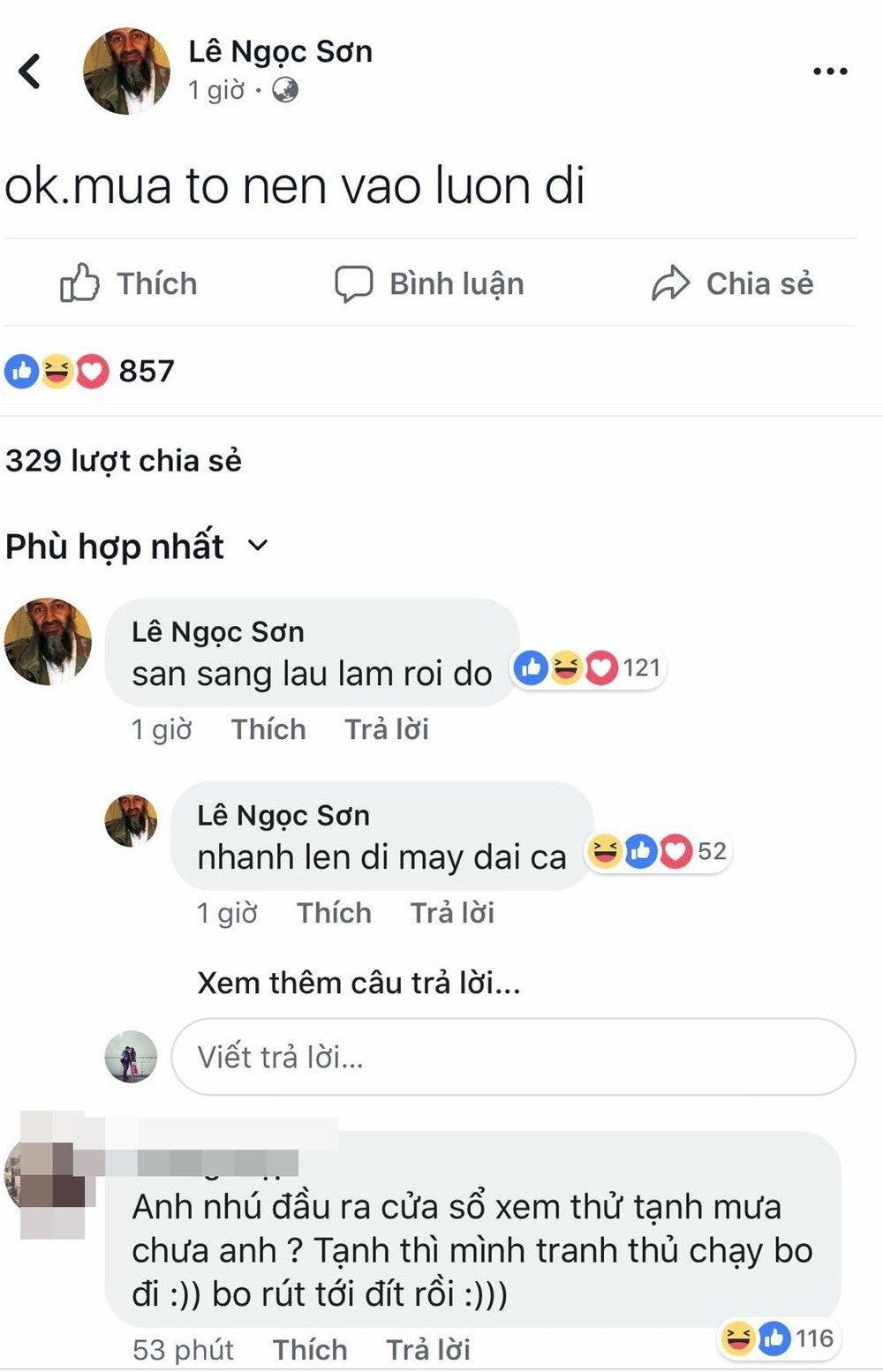 Dòng trạng thái của tài khoản Facebook được cho là của Sơn trong khi lực lượng chức năng đang bao vây bên ngoài.