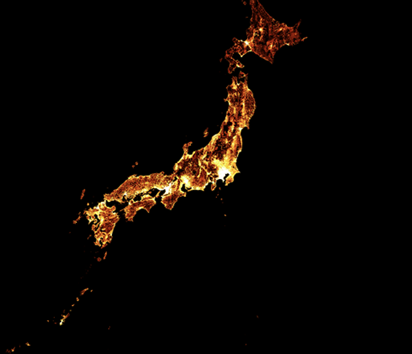 Bản đồ mật độ dân số người cao tuổi (60+) tại Nhật Bản. Các tổ chức y tế Nhật Bản có thể dựa vào bản đồ này để đem đến những dịch vụ chăm sóc sức khỏe cho người cao tuổi.