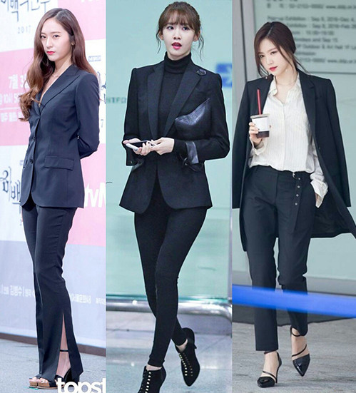 Krystal, Yoona, Na Eun đều cực kỳ sang chảnh với suit màu đen.