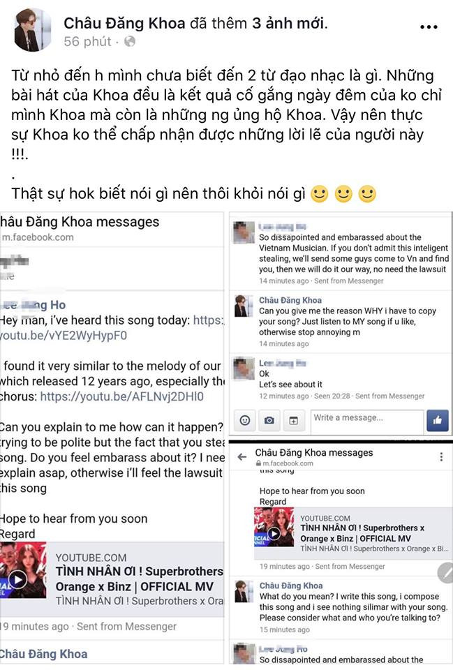 Dòng trạng thái kèm hình ảnh đoạn tin nhắn của Châu Đăng Khoa.