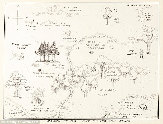 Hình ảnh về tấm bản đồ minh họa “khu rừng trăm mẫu” được in trong cuốn “Winnie-the-Pooh”. Hình ảnh về tấm bản đồ minh họa “khu rừng trăm mẫu” được in trong cuốn “Winnie-the-Pooh”.