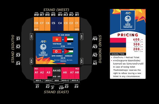 Sơ đồ bán vé và giá vé trận U23 Việt Nam - UAE. Ảnh chụp màn hình.