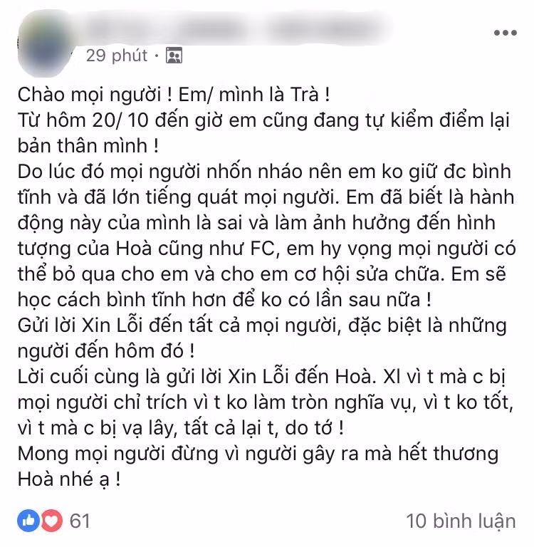 Trưởng FC Hòa Minzy - Đỗ Trà lên tiếng xin lỗi người hâm mộ.