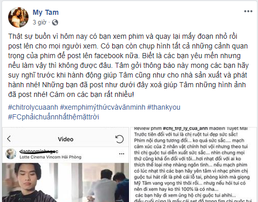 Mỹ Tâm buồn bã đăng tải dòng trạng thái trên trang cá nhân kèm những hình ảnh về việc bộ phim bị quay lén.