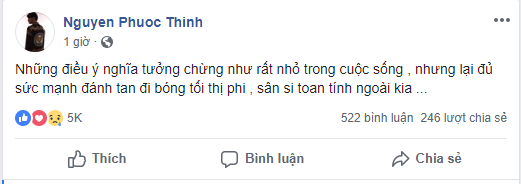 Dòng trạng thái của Noo Phước Thịnh sau buổi phát cơm từ thiện.