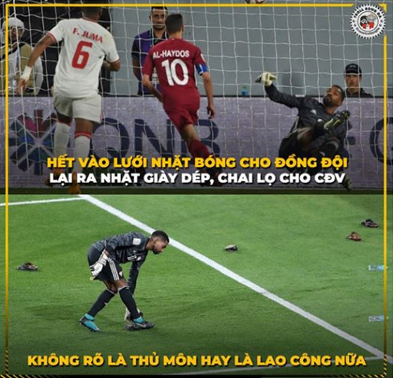 Dân mạng chế ảnh thủ môn tuyển UAE ngậm ngùi thu dọn "cơn mưa chai lọ" từ CĐV nước nhà.