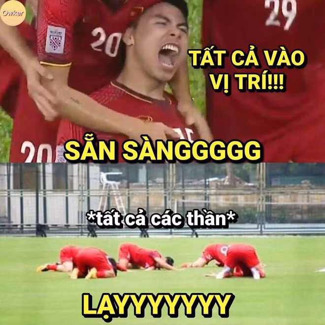 Khoảnh khắc tập luyện của các cầu thủ mở đầu cho loạt ảnh chế trong trận đấu lần này.