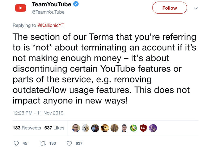 Thông báo của YouTube trên Twitter.