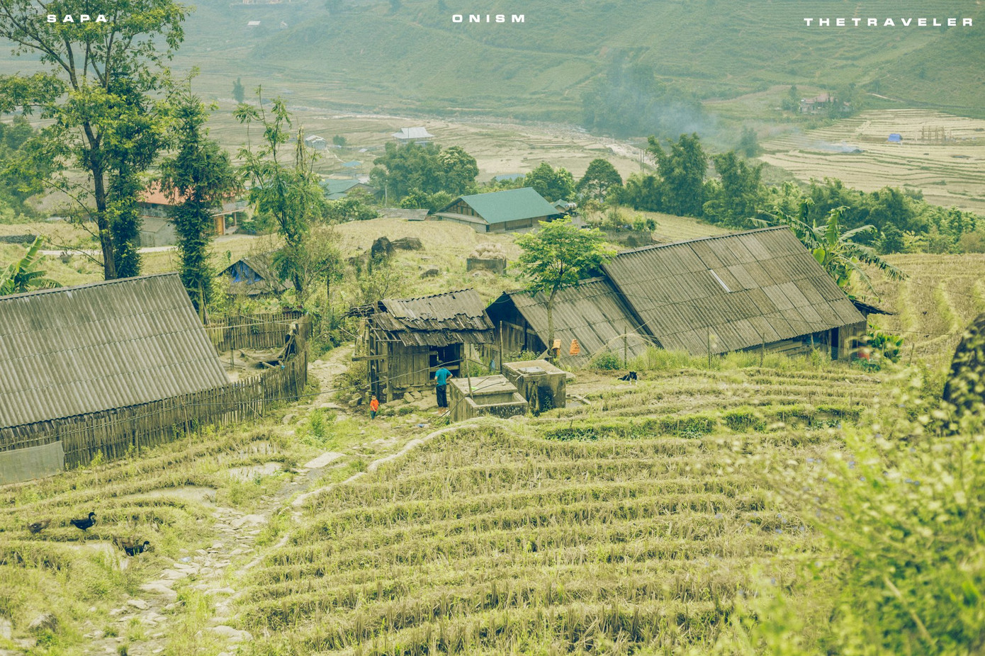 Ruộng bậc thang bao quanh những ngôi nhà vách đất, lớp ngói xi măng.