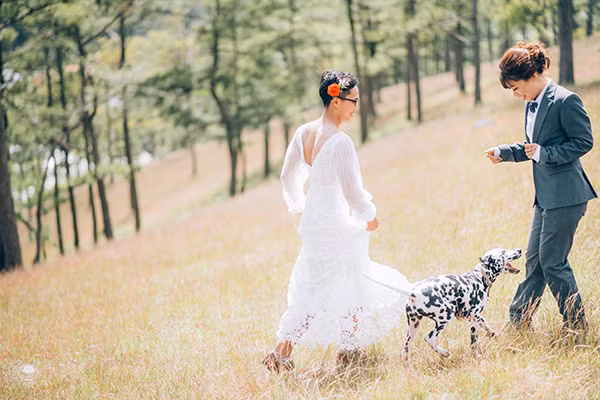 Những bức ảnh còn có sự xuất hiện của chú chó đốm đùa nghịch.