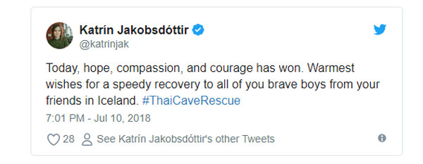 Thủ tướng Iceland Katrin Jakobsdottir gửi lời chúc mừng. Ảnh: Twitter