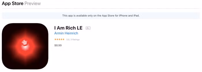 Biển thể mới của ứng dụng I Am Rich vẫn còn có mặt trên App Store ở thời điểm hiện tại. (Ảnh chụp màn hình)