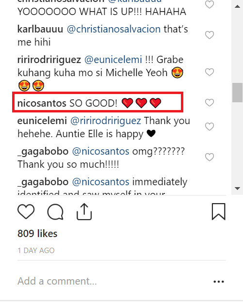 Diễn viên người Mỹ gốc Philippines Nico Santos, trong vai Oliver T’sien cũng đã bình luận bức ảnh này