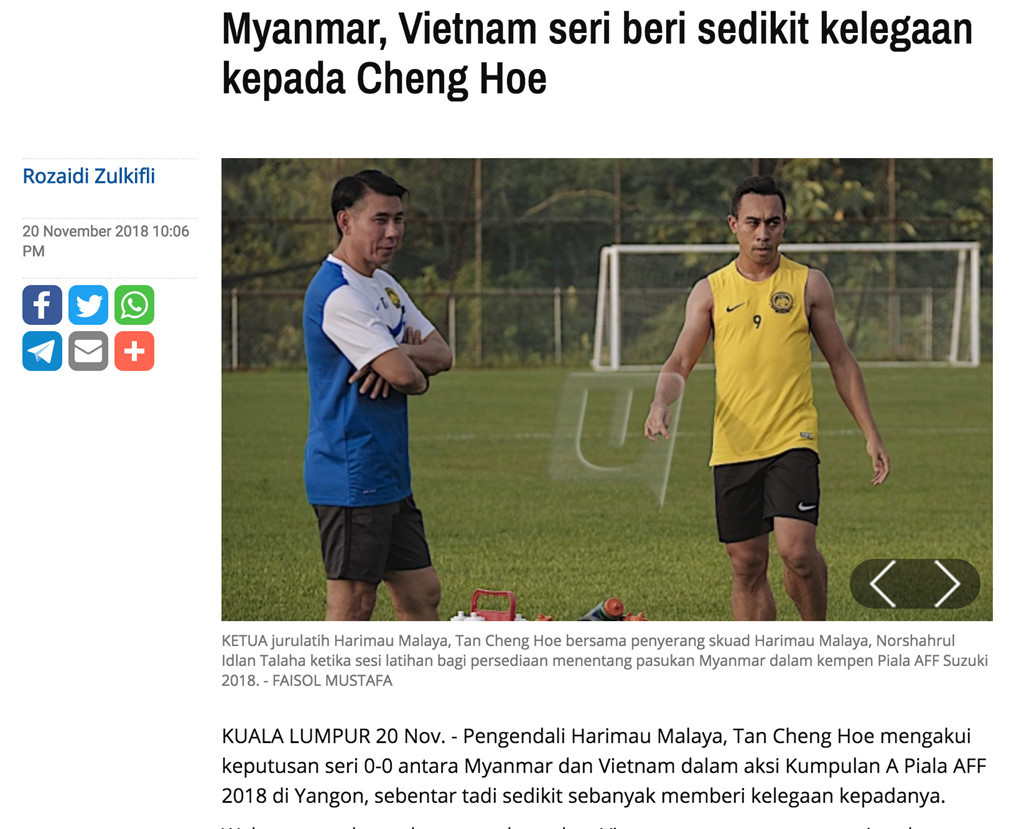 Báo Malaysia cho biết HLV Tan giảm bớt căng thẳng khi Việt Nam hòa Myanmar.