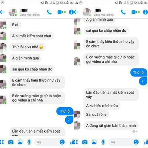 Tin nhắn nữ sinh cung cấp về việc anh t. xin lỗi sau sự việc.