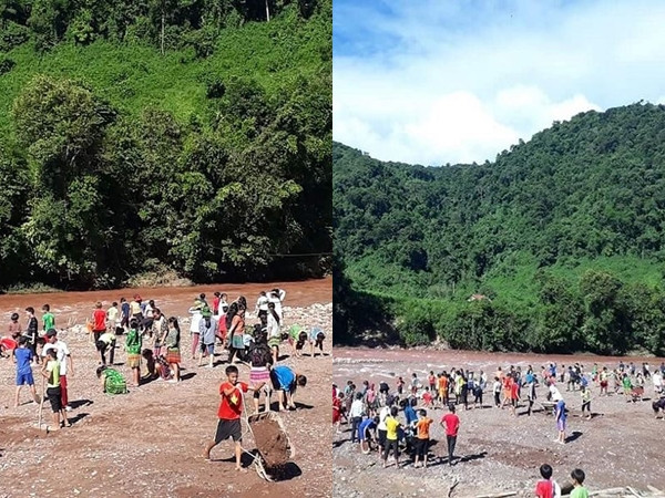 Thầy cô và học sinh của trường dọn dẹp bờ suối để chuẩn bị cho Lễ khai giảng.