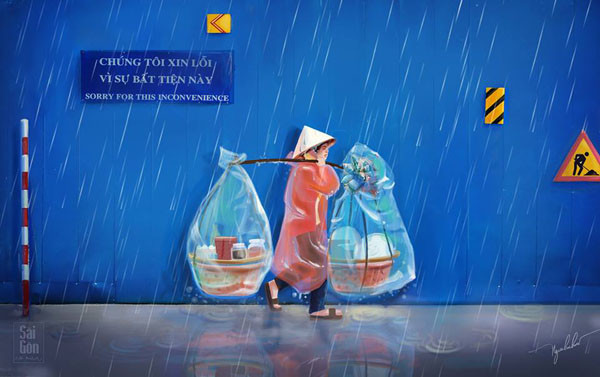 Người phụ nữ gánh hàng rong bước vội dưới mưa. Người phụ nữ gánh hàng rong bước vội dưới mưa.