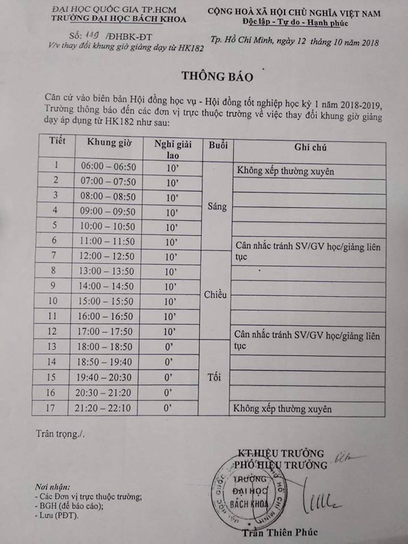 Thông báo chính thức của nhà trường.