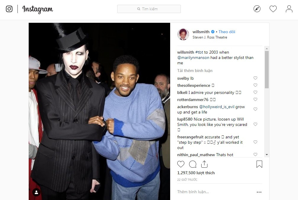 Will Smith đã chia sẻ hình ảnh của mình với Marliyn Manson vào năm 2003.