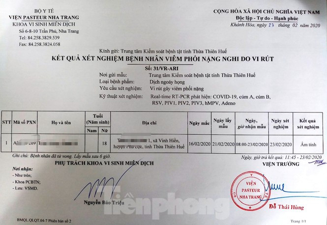 Sau Bệnh viện Trung ương Huế, Viện Pasteur Nha Trang khẳng định bệnh nhân N. âm tính với Covid-19.