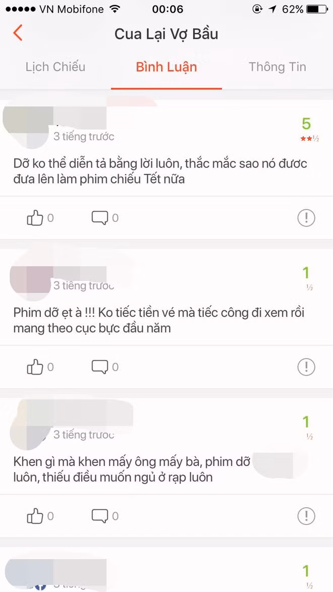 Hàng loạt những bình luận tiêu cực kèm đánh giá 1 sao "tổng tấn công" Cua Lại Vợ Bầu.