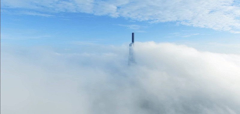 Tòa nhà 81 tầng lẫn vào trong làn mây. ( Ảnh: Đào Hồng Giang)