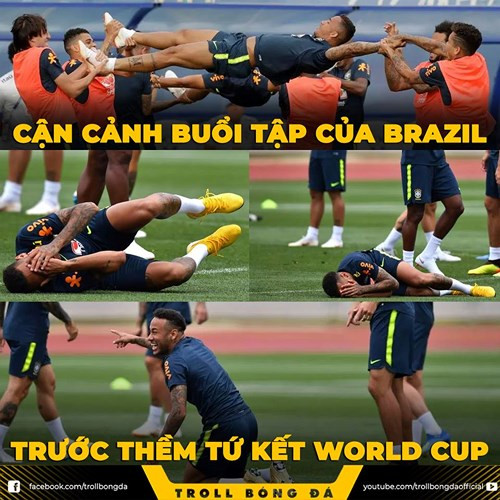 Buổi tập chuẩn bị cho trận tứ kết World Cup 2018 của Brazil rộn vang tiếng cười. (Ảnh: Troll bóng đá).
