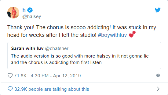 Sau khi MV được thả xích, Halsey đã dành những lời khen cho Boy With Luv: "Điệp khúc thật bắt tai quá đi thôi! Nó cứ kẹt trong đầu tôi hàng tuần sau khi tôi rời trường quay!"