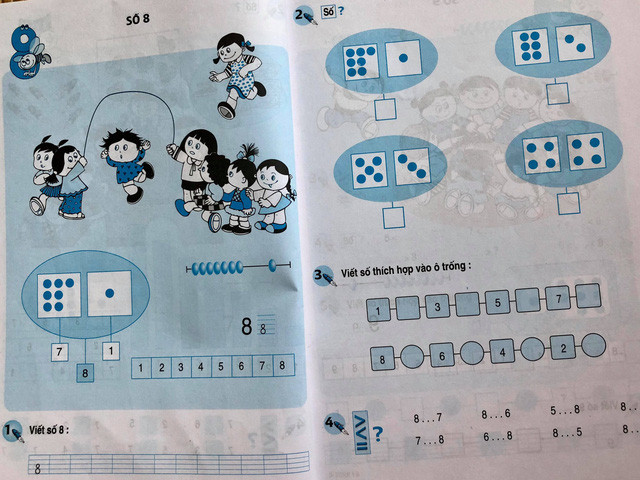 Cuốn sách Toán lớp 1 yêu cầu học sinh điền số thích hợp vào ô trống.