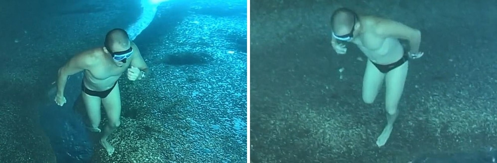 Ban đầu, người đàn ông xuất hiện trong clip trông như đang có một cuộc đi bộ dạo chơi dưới đáy biển sâu.