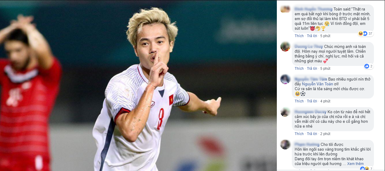 Ngay sau khi trận đấu kết thúc, người hâm mộ đã "đổ xô" vào Facebook của Văn Toàn để ăn mừng.