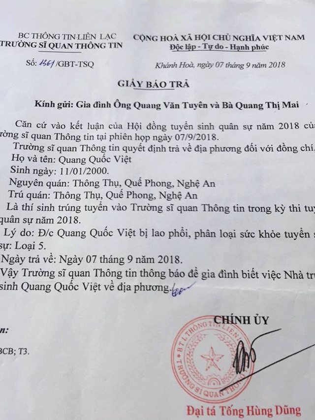 Tuy nhiên, khi vào nhập học được hơn 1 tháng, thì Trường sĩ quan Thông tin đã "bất ngờ" có Giấy bảo trả em Việt về cho gia đình.