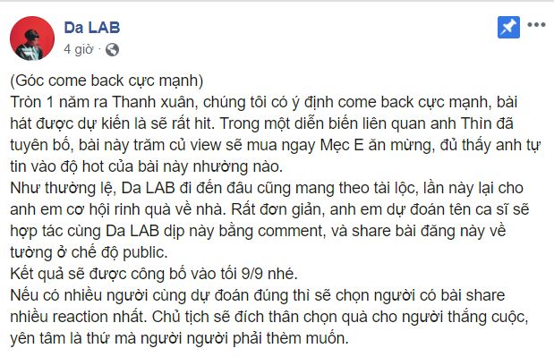 Nhóm Da LAB thông báo trở lại.