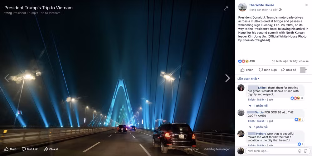 Những hình ảnh về cầu Nhật Tân trên fanpage của Nhà Trắng.