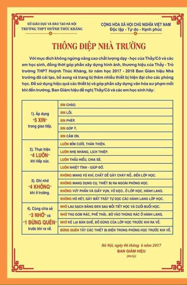 Thông điệp "5 xin", "4 luôn" của Trường THPT Huỳnh Thúc Kháng (Hà Nội). Thông điệp "5 xin", "4 luôn" của Trường THPT Huỳnh Thúc Kháng (Hà Nội).